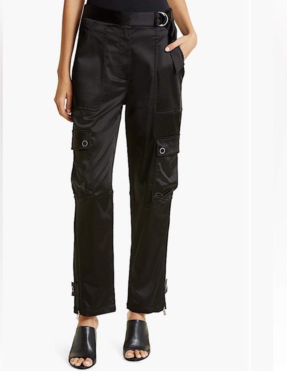 Jonathan Simkhai Black Silky Cargo Straight-Leg Pants with Belt